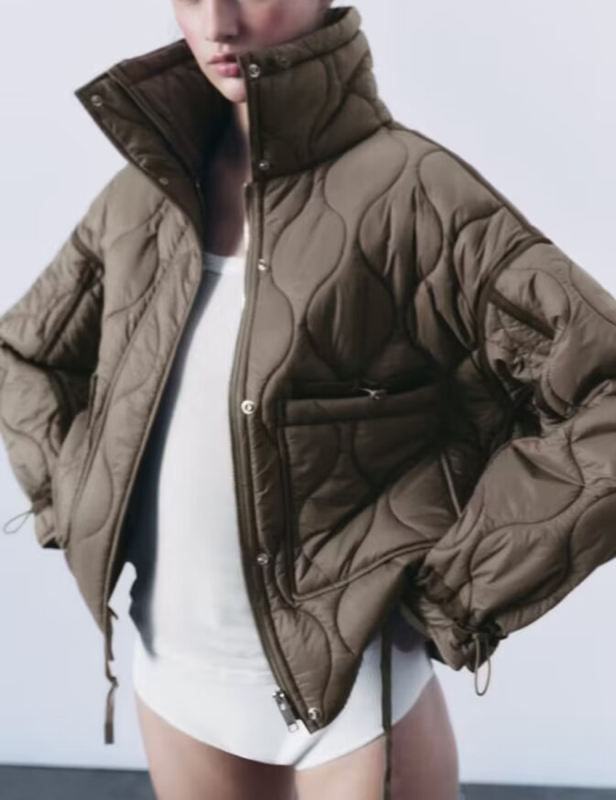 Khaki Stand Collar Quilted Pocket Coat
