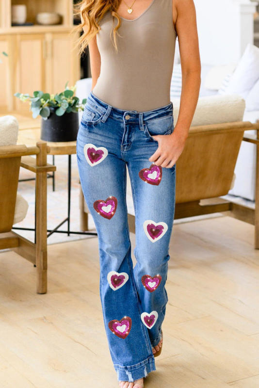 Sky Blue Sequin Heart Shape Patched Distressed Flare Jeans