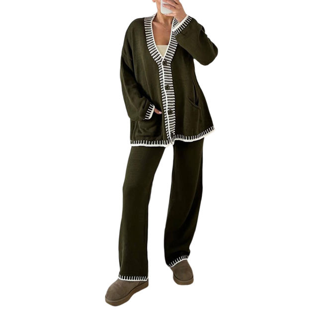 Army Green Button Knit Cardigan and Casual Pant Set