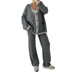 Grey Button Knit Cardigan and Casual Pant Set