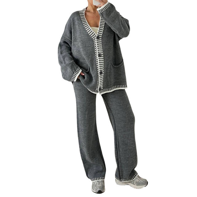 Grey Button Knit Cardigan and Casual Pant Set