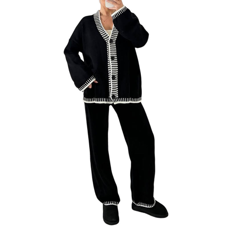 Black Button Knit Cardigan and Casual Pant Set