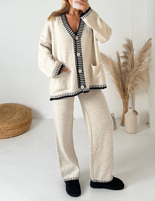 Beige Button Knit Cardigan and Casual Pant Set