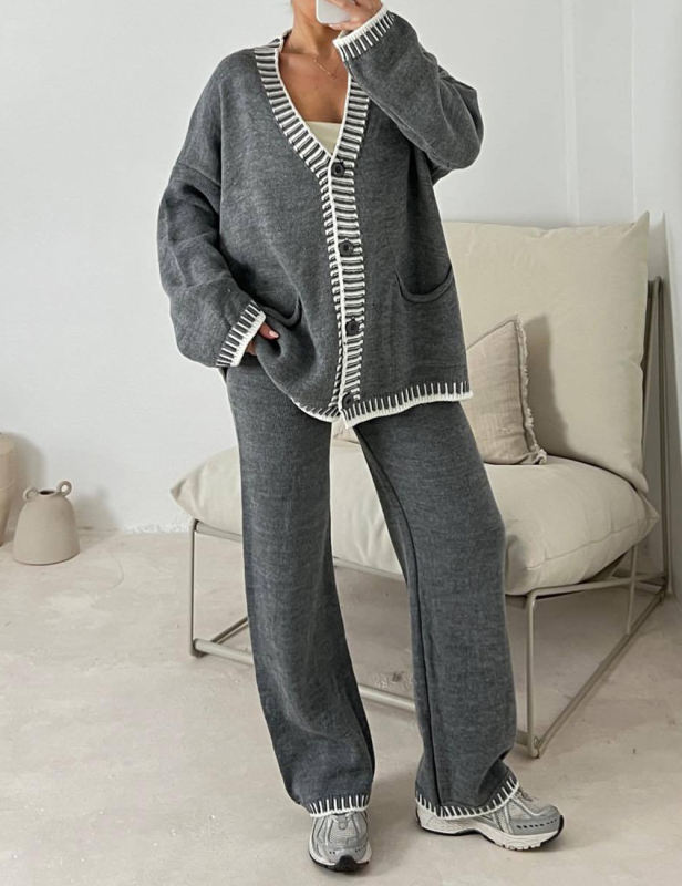 Grey Button Knit Cardigan and Casual Pant Set