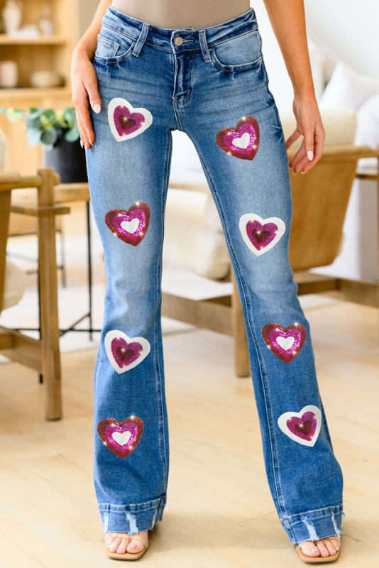 Sky Blue Sequin Heart Shape Patched Distressed Flare Jeans