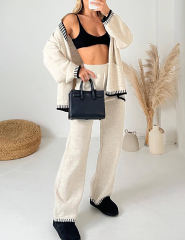 Beige Button Knit Cardigan and Casual Pant Set