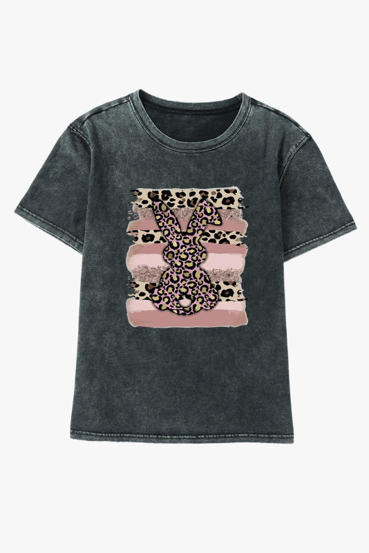 Black Easter Rabbit Leopard Mineral Wash Graphic T Shirt