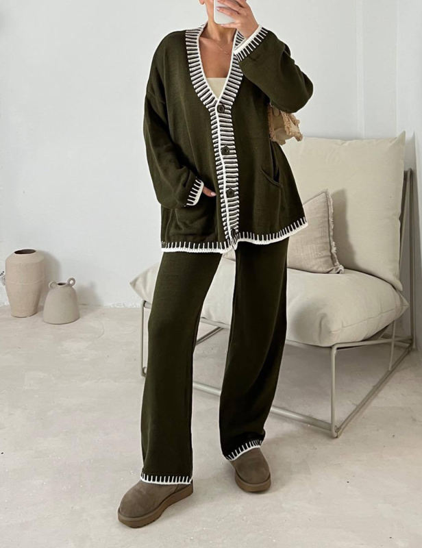 Army Green Button Knit Cardigan and Casual Pant Set