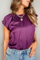 Violet Pleated Flutter Sleeve Satin Top