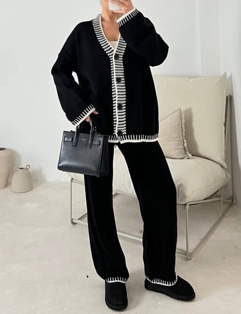 Black Button Knit Cardigan and Casual Pant Set