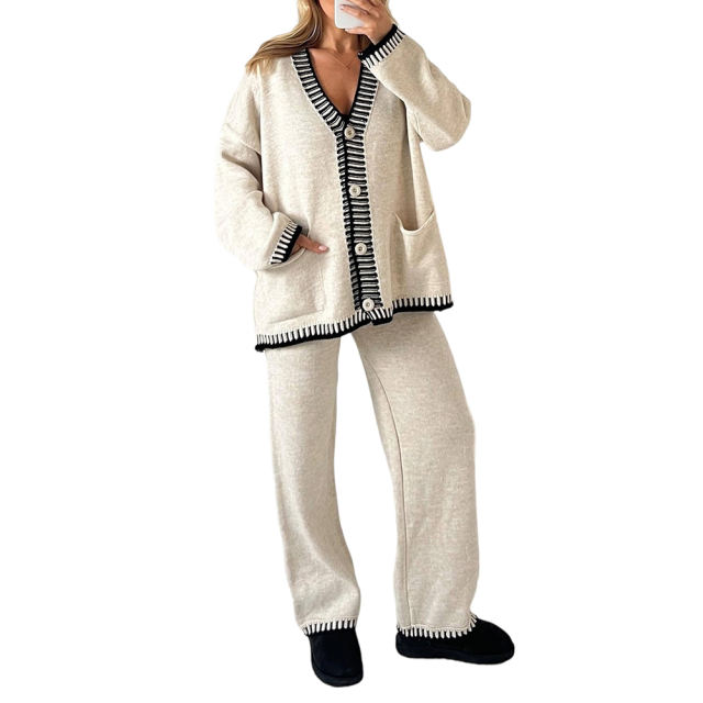 Beige Button Knit Cardigan and Casual Pant Set