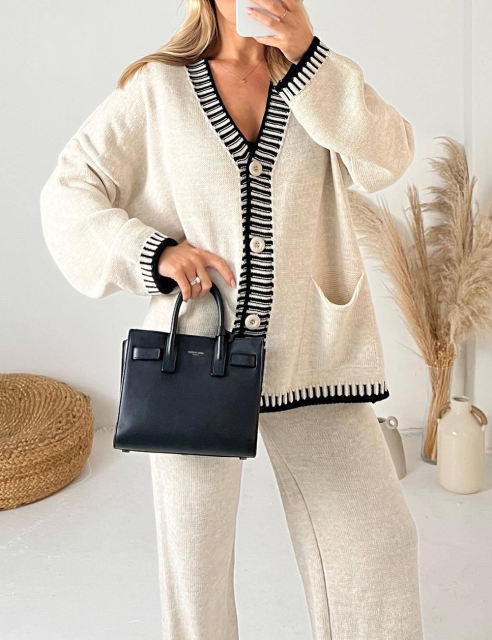 Beige Button Knit Cardigan and Casual Pant Set