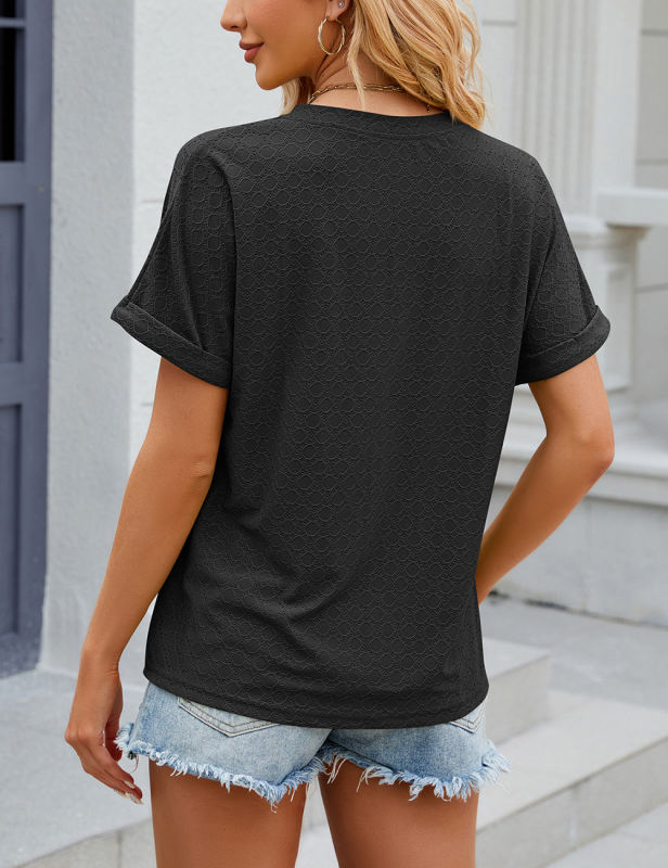 Black Button V Neck Textured Short Sleeve Tops