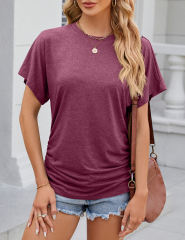 Burgundy Solid Color O-neck Short Sleeve Tops