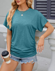 Peacock Blue Solid Color O-neck Short Sleeve Tops