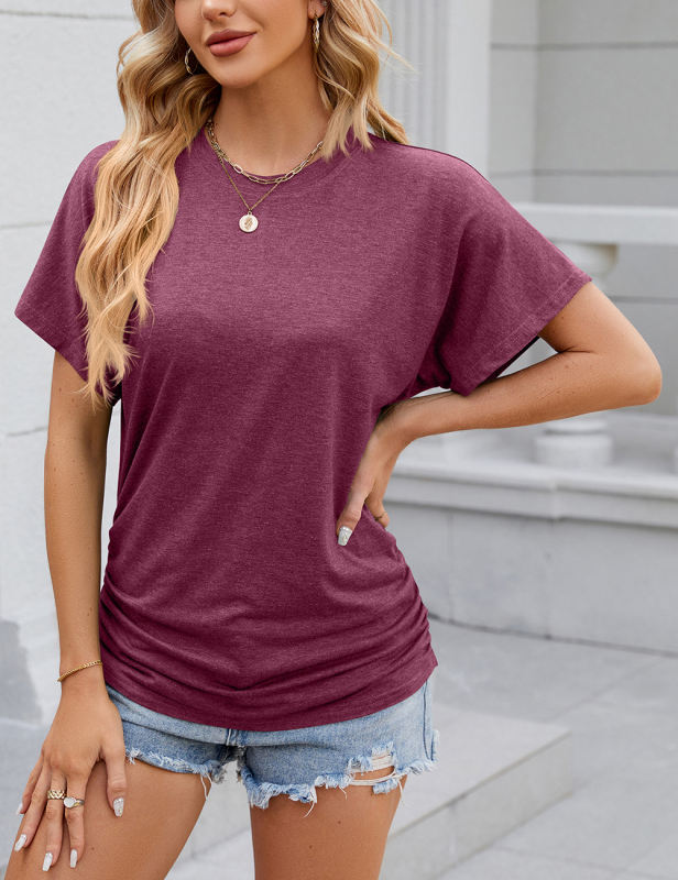 Burgundy Solid Color O-neck Short Sleeve Tops