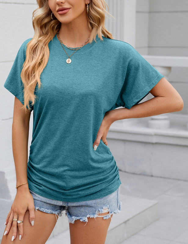 Peacock Blue Solid Color O-neck Short Sleeve Tops