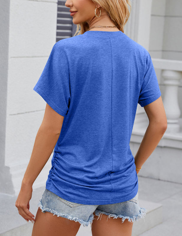 Blue Solid Color O-neck Short Sleeve Tops