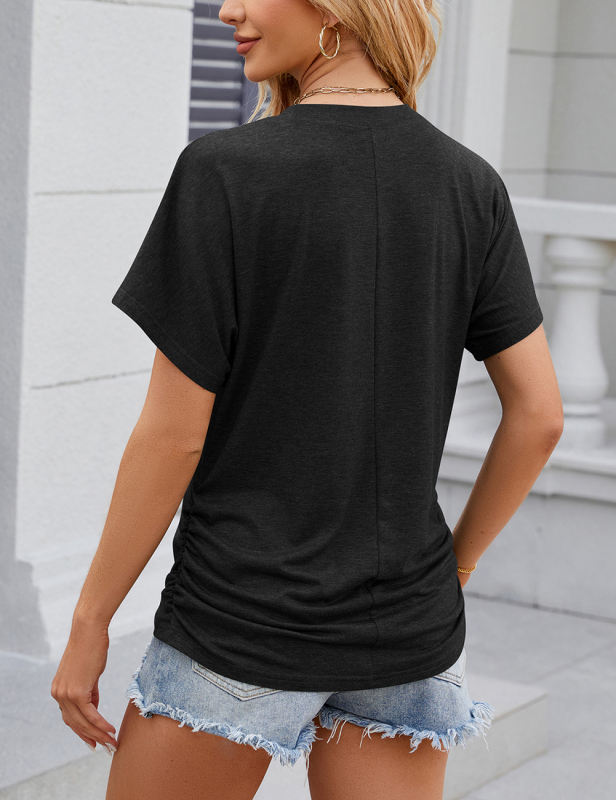 Black Solid Color O-neck Short Sleeve Tops