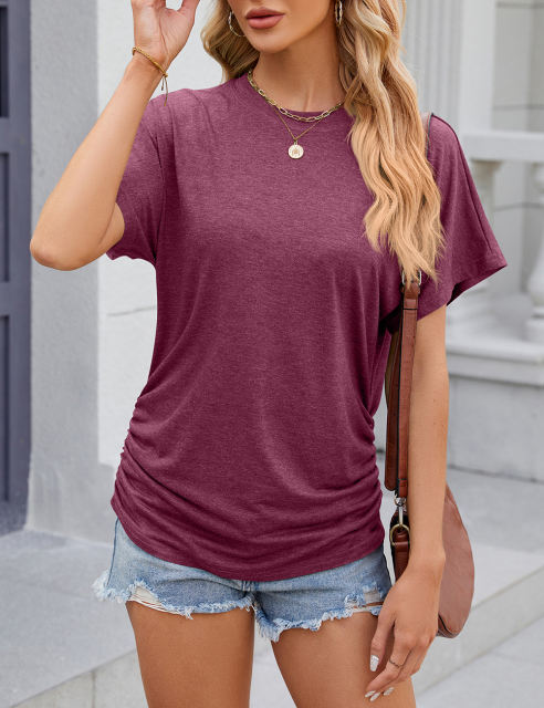Burgundy Solid Color O-neck Short Sleeve Tops