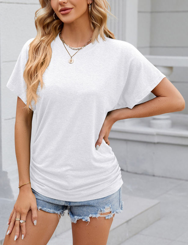 White Solid Color O-neck Short Sleeve Tops