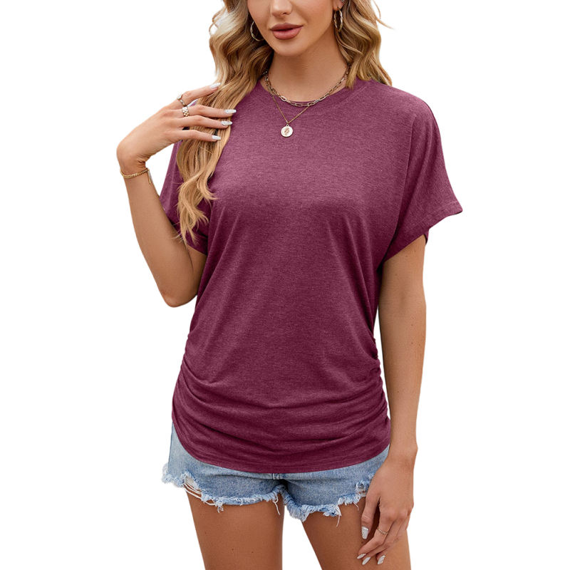 Burgundy Solid Color O-neck Short Sleeve Tops