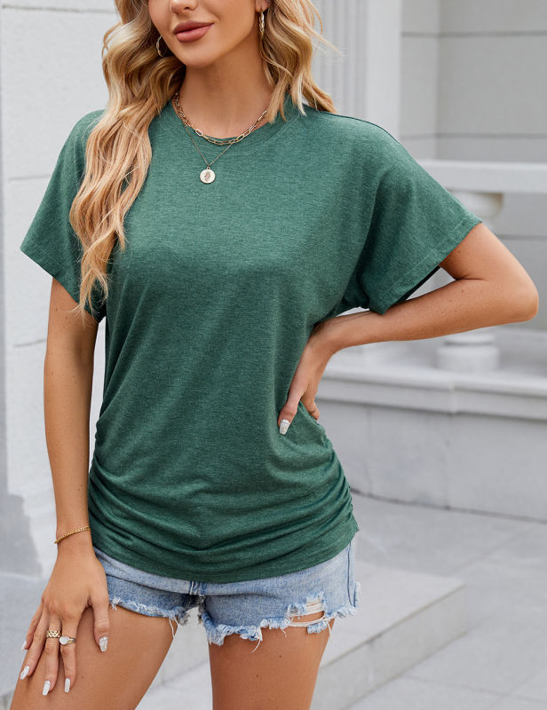 Dark Green Solid Color O-neck Short Sleeve Tops