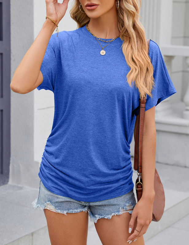 Blue Solid Color O-neck Short Sleeve Tops