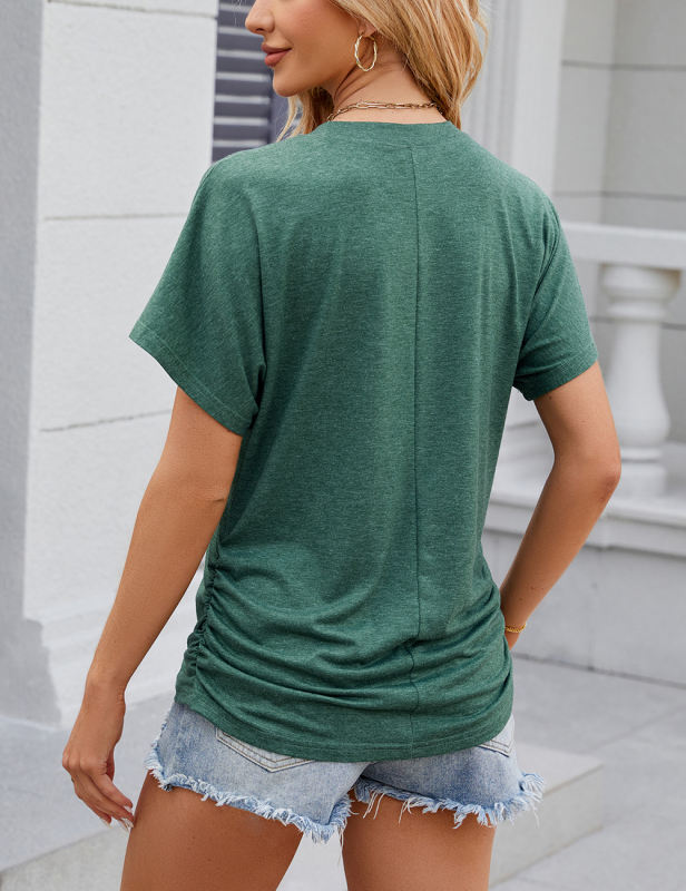 Dark Green Solid Color O-neck Short Sleeve Tops