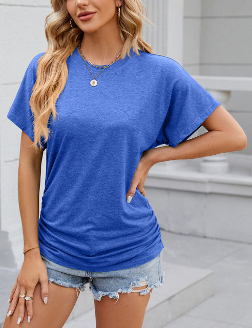 Blue Solid Color O-neck Short Sleeve Tops