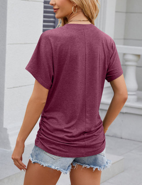 Burgundy Solid Color O-neck Short Sleeve Tops