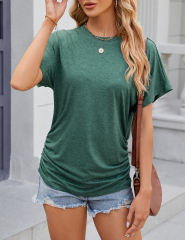 Dark Green Solid Color O-neck Short Sleeve Tops