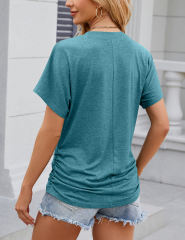 Peacock Blue Solid Color O-neck Short Sleeve Tops