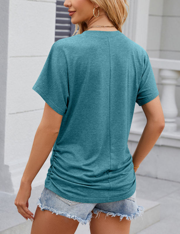 Peacock Blue Solid Color O-neck Short Sleeve Tops