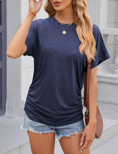 Navy Blue Solid Color O-neck Short Sleeve Tops