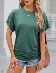 Dark Green Solid Color O-neck Short Sleeve Tops