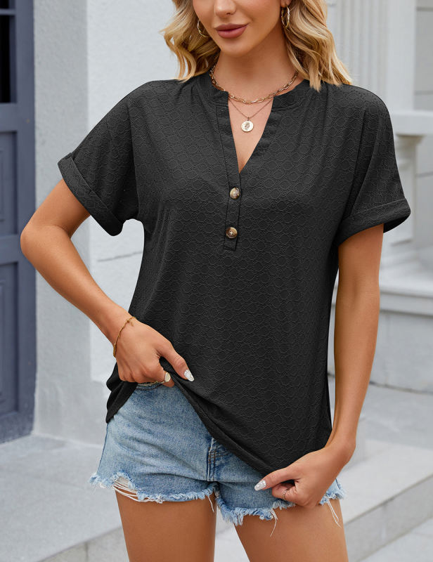 Black Button V Neck Textured Short Sleeve Tops