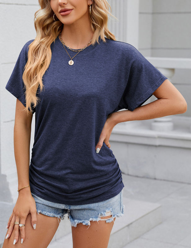 Navy Blue Solid Color O-neck Short Sleeve Tops