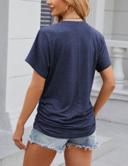 Navy Blue Solid Color O-neck Short Sleeve Tops