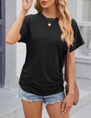Black Solid Color O-neck Short Sleeve Tops