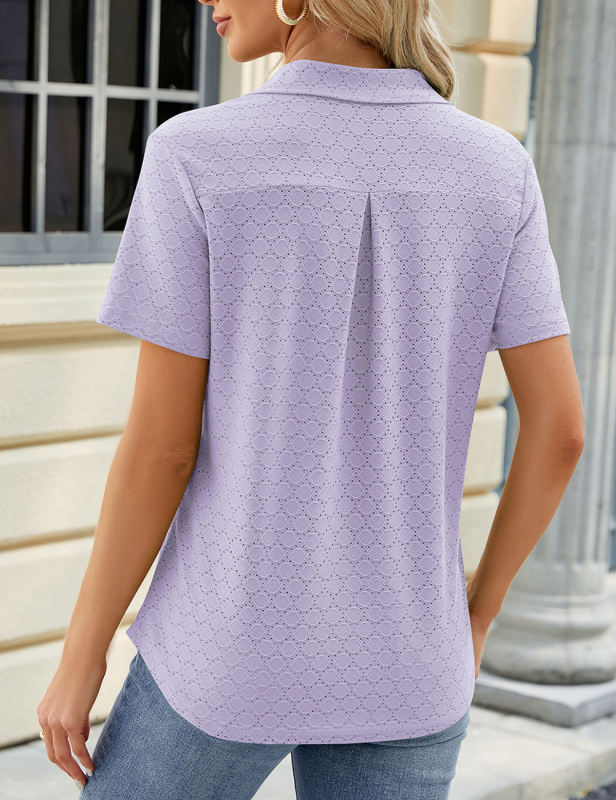 Purple Lapel V Neck Short Sleeve Tops with Pocket