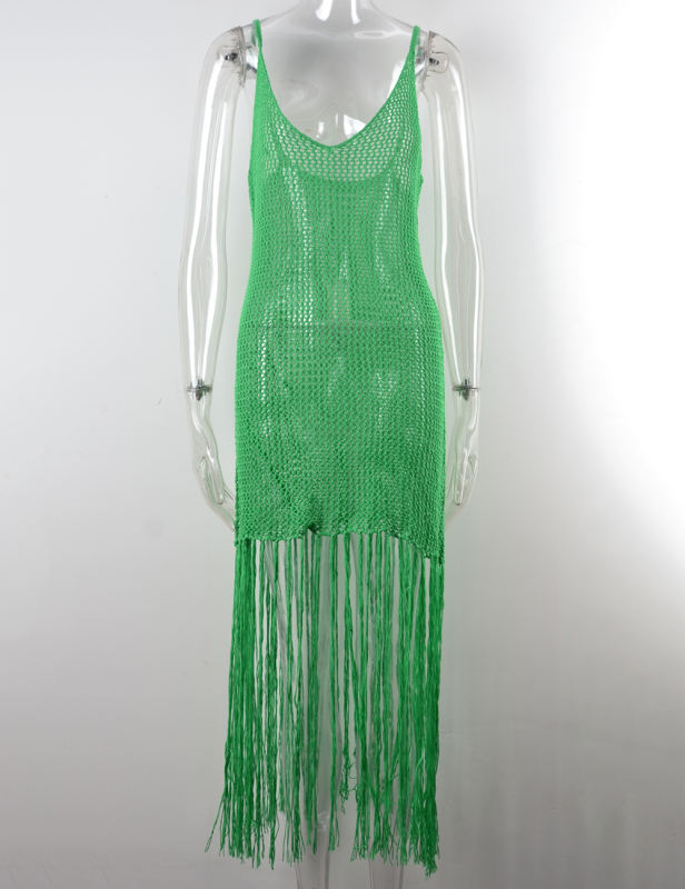 Green Fringe Hollow-out Crochet Knit Beach Cover