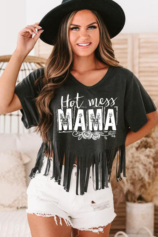 Black MAMA Hot Mess Fringed Hem V Neck T Shirt