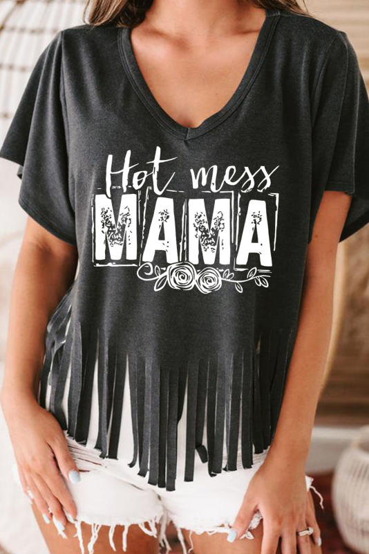 Black MAMA Hot Mess Fringed Hem V Neck T Shirt