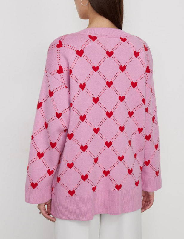 Pink Heart Jacquard Button Open Front Cardigan