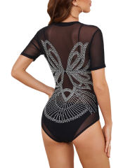 Black Bowknot Shape Rhinestones Mesh Short Sleeve Bodysuit