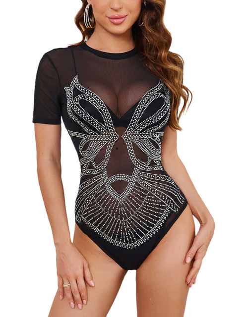 Black Bowknot Shape Rhinestones Mesh Short Sleeve Bodysuit
