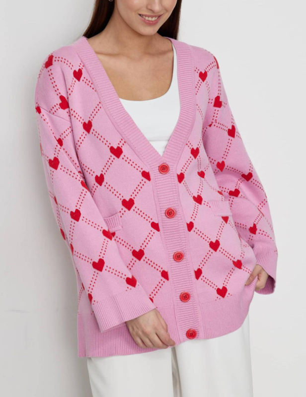 Pink Heart Jacquard Button Open Front Cardigan