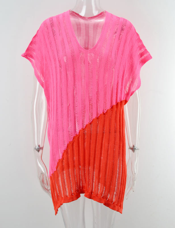 Rosy Color Block Hollow-out Beach Cover Ups
