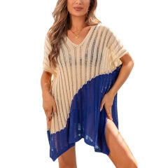 Apricot Color Block Hollow-out Beach Cover Ups